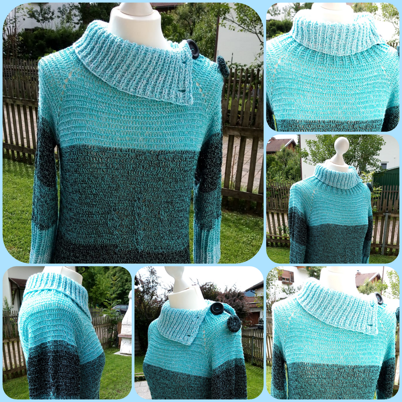 Häkelpullover Damen asymmetrischer Rollkragen Schulterknopf türkis