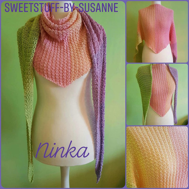 Gehäkeltes Dreieckstuch in Grün, Apricot und Lila mit feinem Maschenmuster