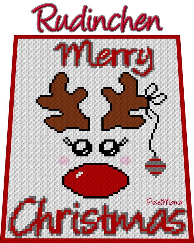 Pixelhäkelmuster Rentierkopf mit roter Nase und "Merry Christmas"-Schriftzug