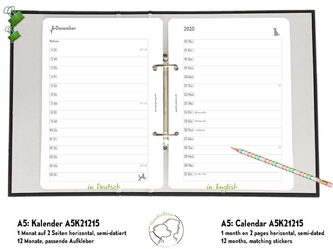 Monatskalender 1M2S h A5 Einlagen Hunde A5K21215
