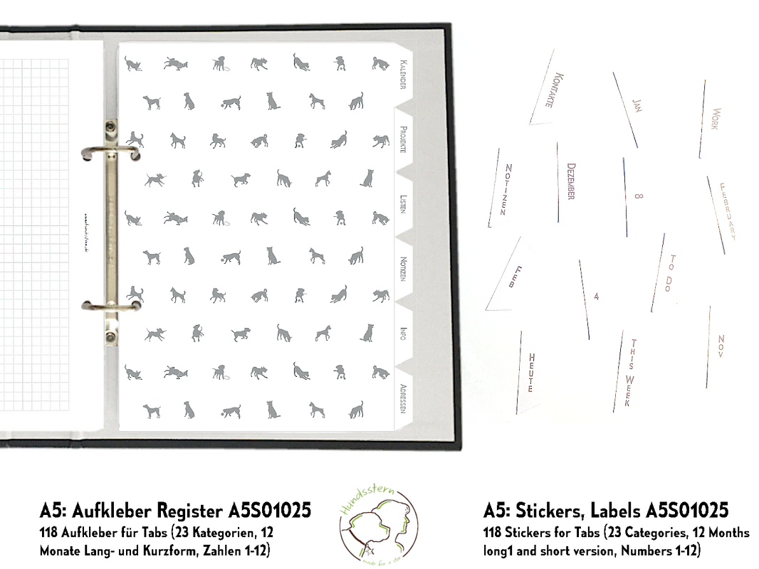 Aufkleber Trennblätter A5 Register Hunde A5S01025