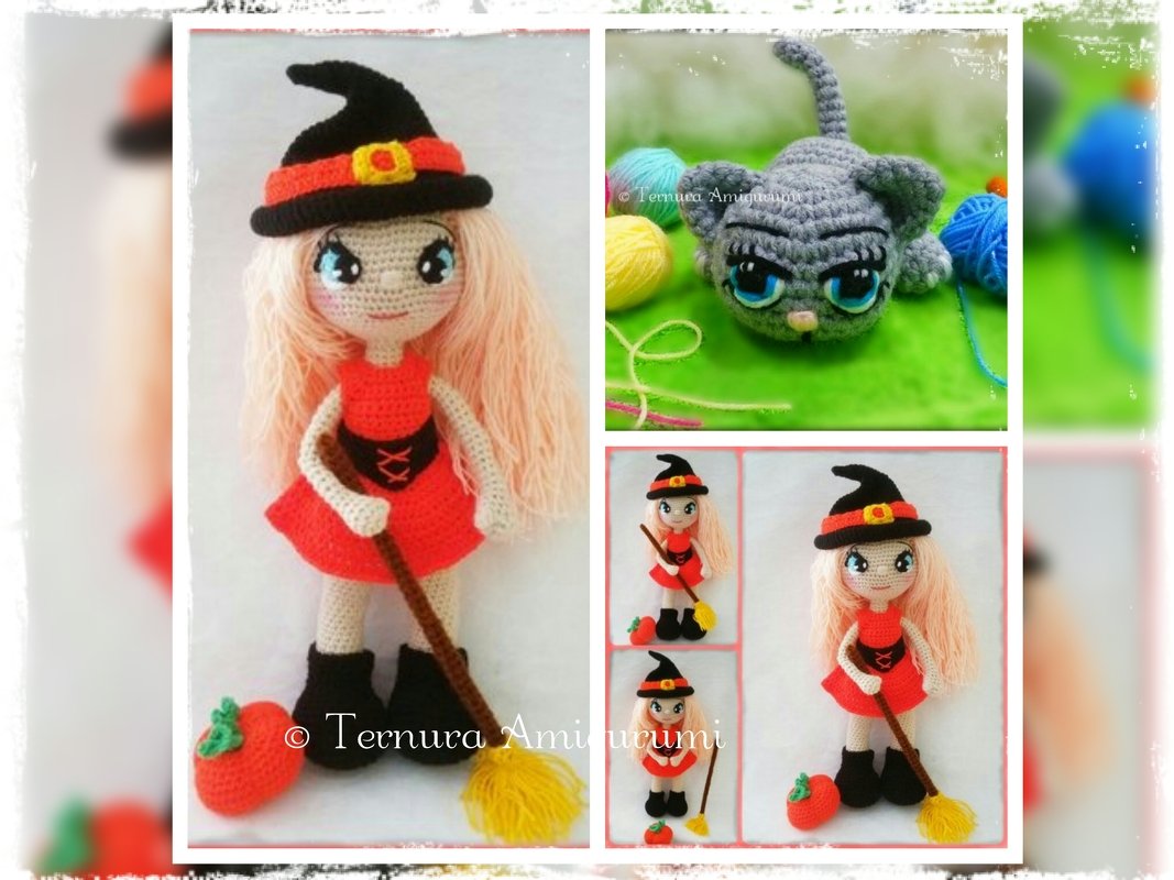 Halloween!! Crochet pattern of Annie, the little witch + crochet pattern Kally, the sweet kitty 2PDF ternura amigurumi. english- deutsch- dutch