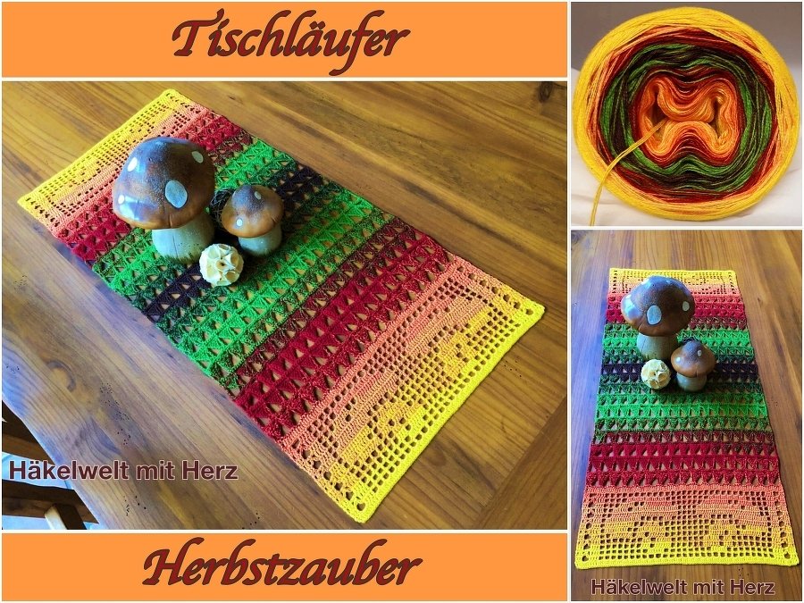 Gehäkelter, rechteckiger Tischläufer in Gelb, Orange, Rot und Grün auf einem Holztisch mit zwei Dekopilzen; daneben Nahaufnahme eines Farbverlaufsgarns.