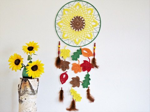 Häkelanleitung Traumfänger Sonnenblume mit Herbstbätter