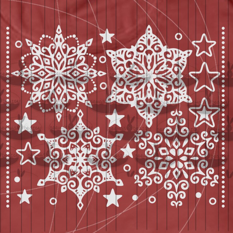 Vier ornamentale Schneeflocken-Designs mit Sternen und Punktornamenten in Weiß auf rotem Hintergrund