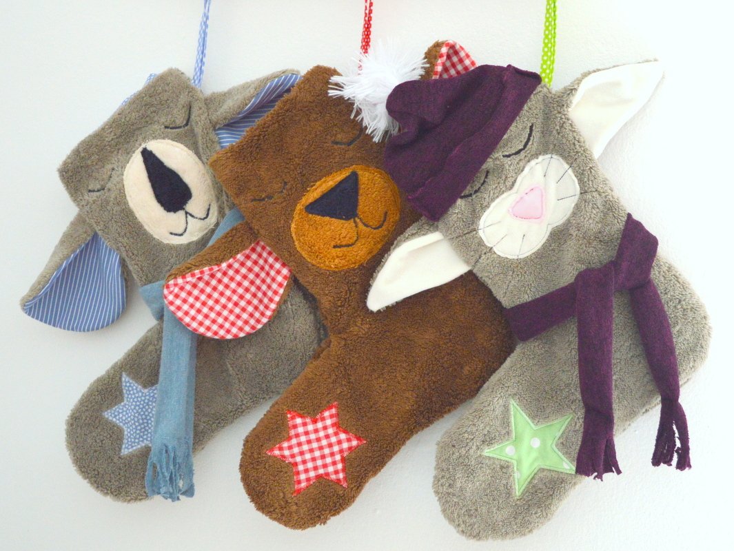 Nähanleitung Nikolausstiefel Bären und Katze inkl. Schnittmuster Anleitung und Stickdatei