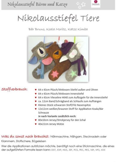 Nähanleitung Nikolausstiefel Bären und Katze inkl. Schnittmuster Anleitung und Stickdatei