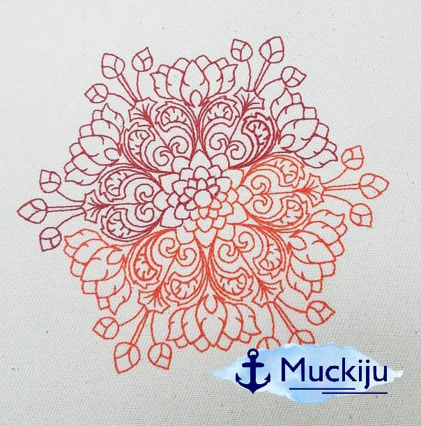 Detaillierte Mandala-Stickdatei mit floralen Verzierungen in Rot-Orange