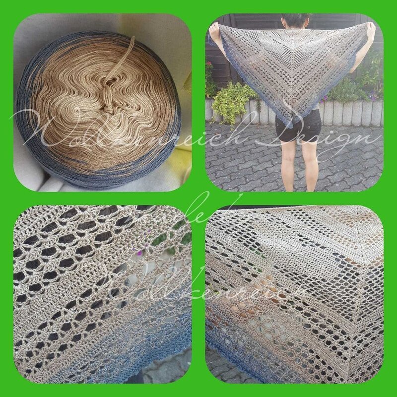 Collage: Garnbobbel, getragenes Dreieckstuch, zwei Nahaufnahmen des Häkelmusters