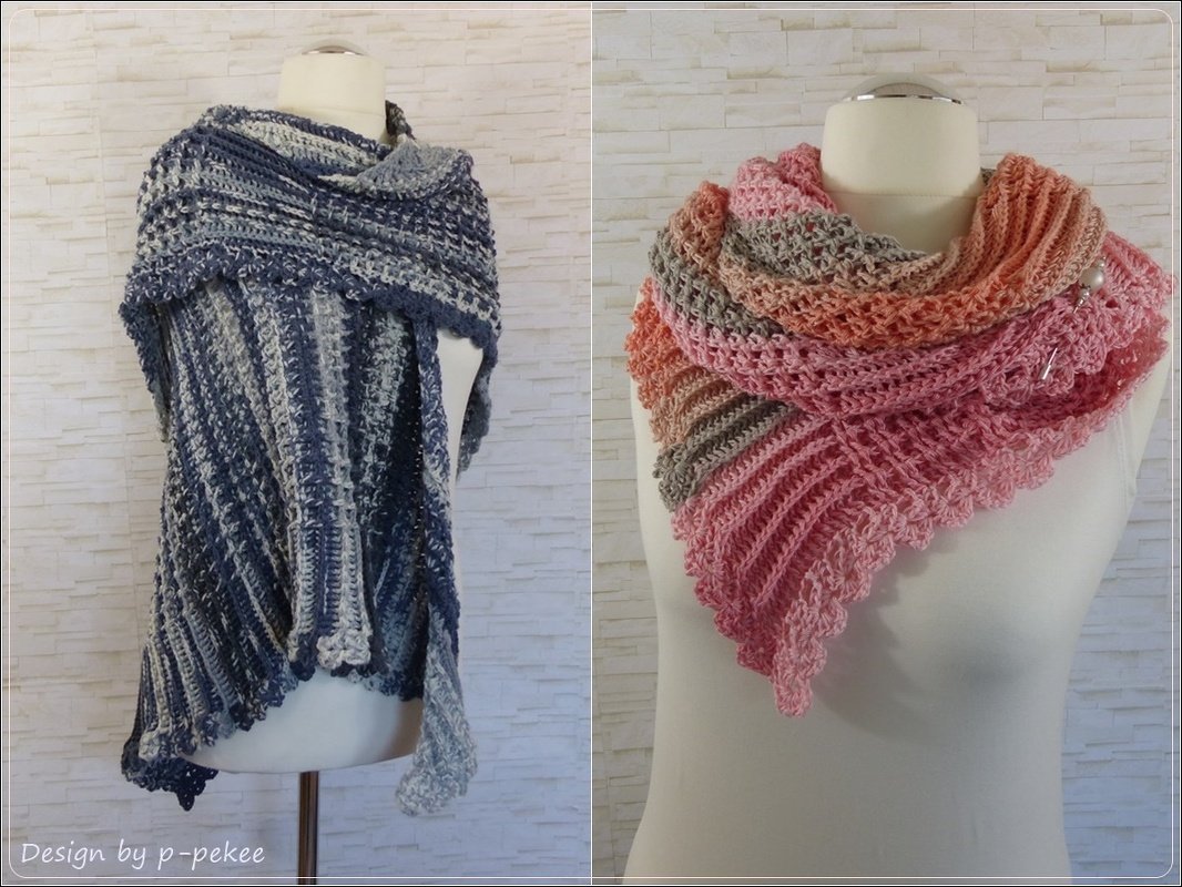 Zwei gehäkelte Dreieckstücher auf Mannequins: blau-grau mit Rippen und rosa mit Muschelrand