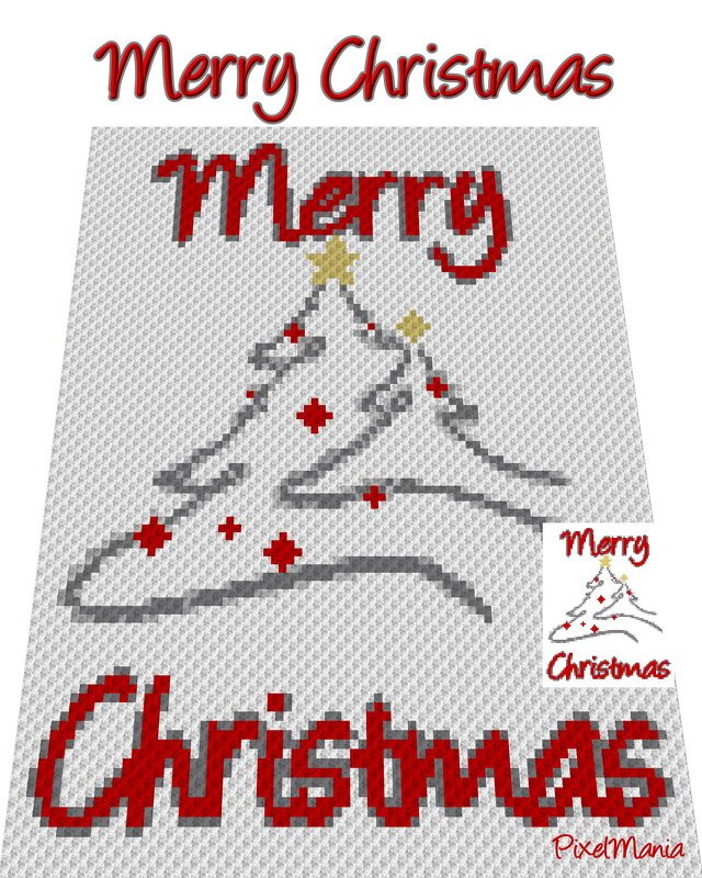 Pixel-Häkelmuster für eine Decke mit stilisiertem Weihnachtsbaum und rotem 'Merry Christmas'-Schriftzug