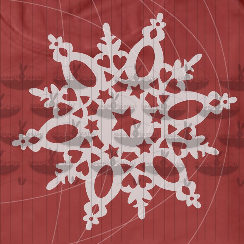 Weiße Schneeflocke mit eingearbeiteten Sternen und Herzen auf rotem Hintergrund.