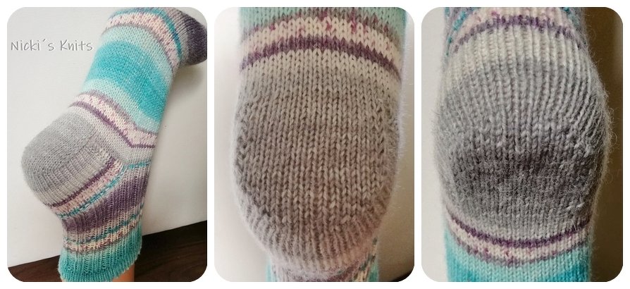 Gestrickte Socke mit Türkis-, Grau- und Lilastreifen, Fersendetail