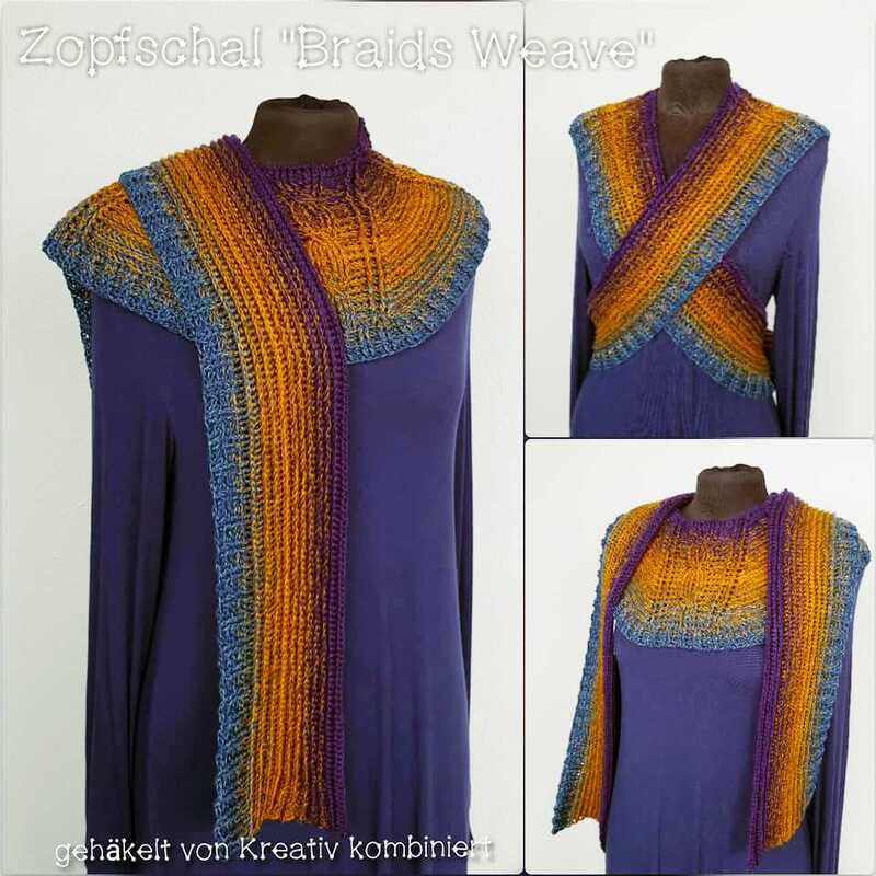 Drei Ansichten eines gehäkelten Kragens/Schals in Orange‑Lila‑Blau: überkreuzt als Kragen, offen als Schulterwärmer und als schmaler Fall