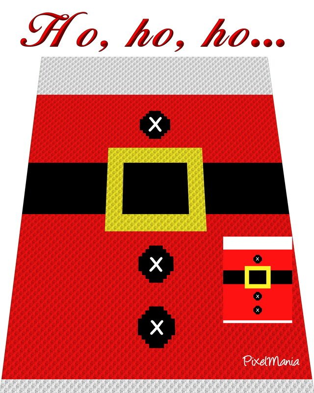 Pixelhäkelmuster des Weihnachtsmann-Oberkörpers mit rotem Mantel, schwarzem Gürtel, gelber Schnalle und dem Schriftzug "Ho, ho, ho..." für festliche Dekorationen.