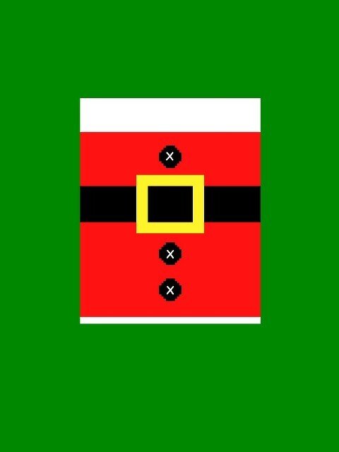 Pixel-Weihnachtsmannanzug in Rot mit schwarzem Gürtel, gelber Schnalle und drei Knöpfen auf grünem Hintergrund.