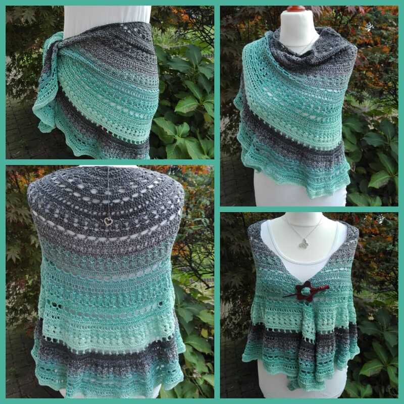 Vier Bildausschnitte eines gehäkelten Halbrundtuchs in Mint und Grau, getragen als Schal, gewickelt und auf der Puppe drapiert