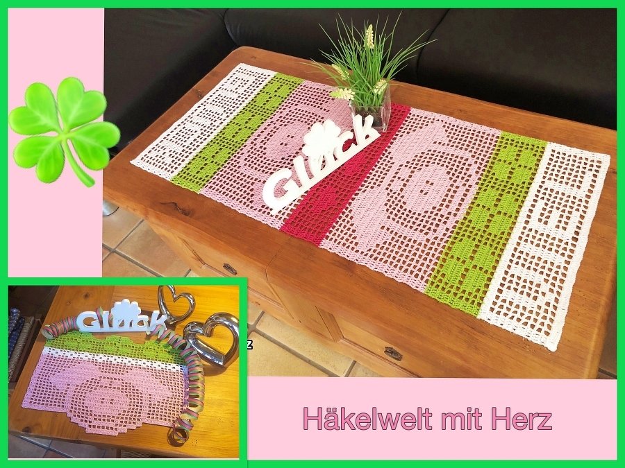 Gehäkelter Filet-Tischläufer mit Herz- und Kreismotiven in Rosa, Grün und Weiß
