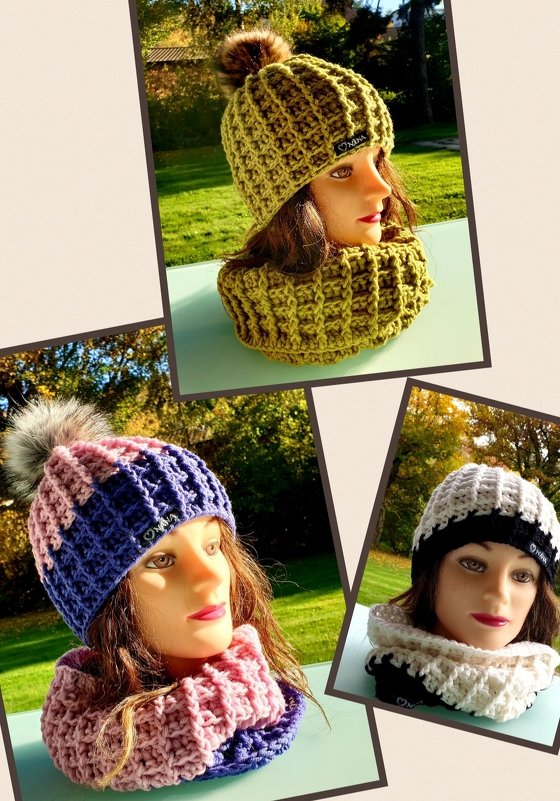 Set Mütze und Loop (5j.-XS und S-L)  im Waffelmuster mit Pompon/Bommel - Bild 3