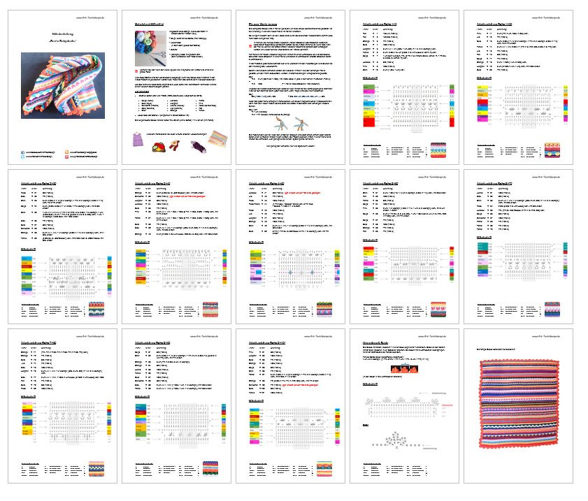 Vorschau der mehrseitigen PDF-Häkelanleitung für eine gestreifte Babydecke mit Farbkarten und Diagrammen