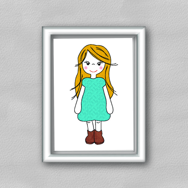 Gezeichnetes Mädchen mit langen blonden Haaren, türkisfarbenem Kleid mit Punkten und braunen Stiefeln, gerahmte Illustration