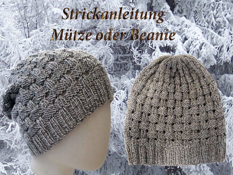 Zwei gestrickte graue Mützen (Beanie und engere Mütze) vor verschneitem Wald mit Schriftzug 'Strickanleitung Mütze oder Beanie'.