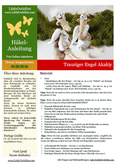 180DE Häkelanleitung Trauriger Engel Akakiy - Amigurumi PDF Astashova CP