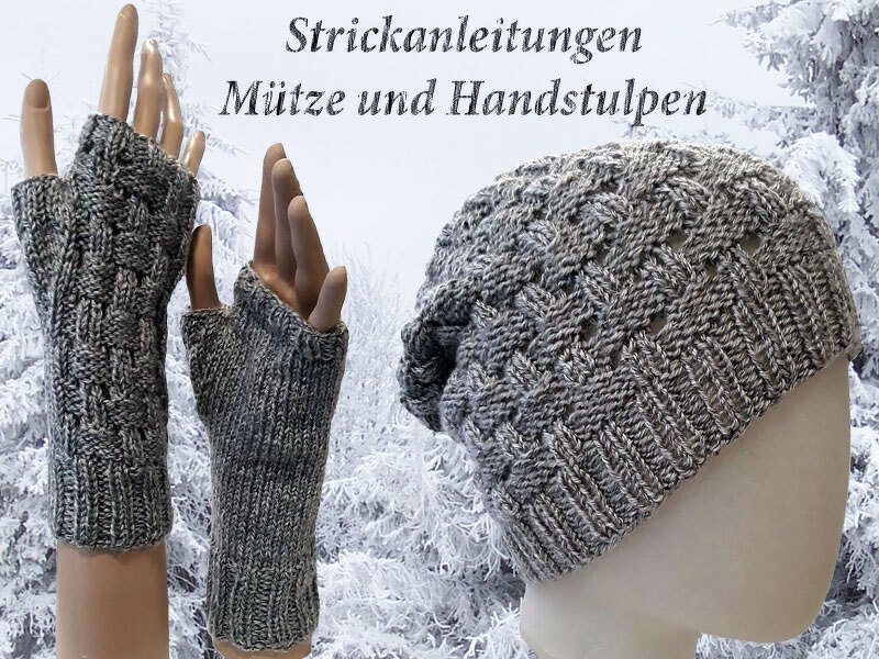 Graues Strickset mit Mütze und fingerlosen Handstulpen