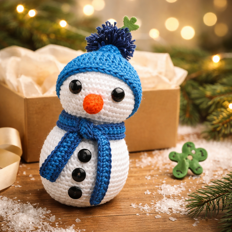 Gehäkelter weißer Schneemann mit blauer Mütze und Schal vor Geschenkbox