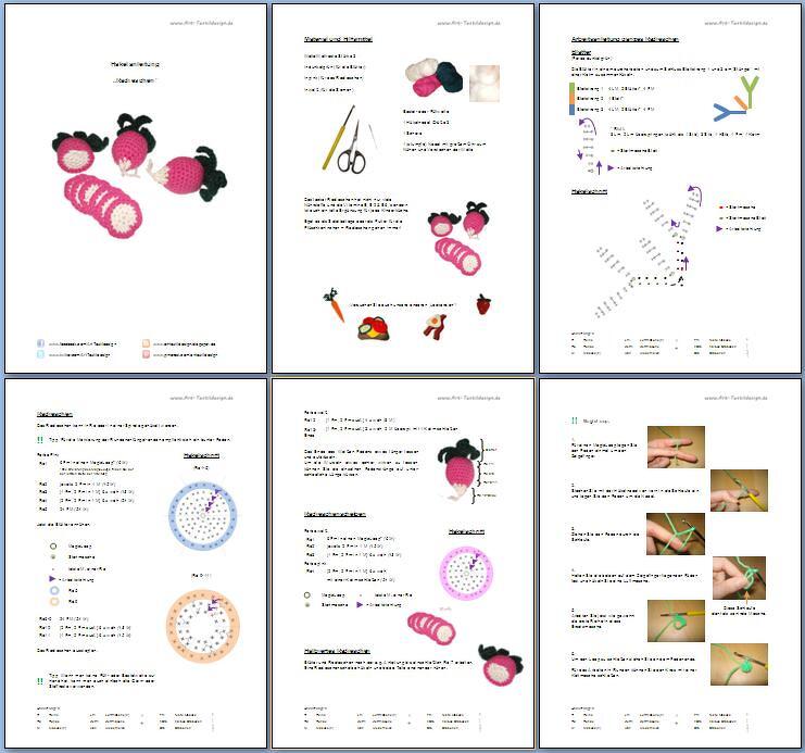 Mehrseitige Anleitung mit H
kelschriften, Fotos von Arbeitsschritten und fertigen geh
kelten Radieschen samt Zubeh
r.