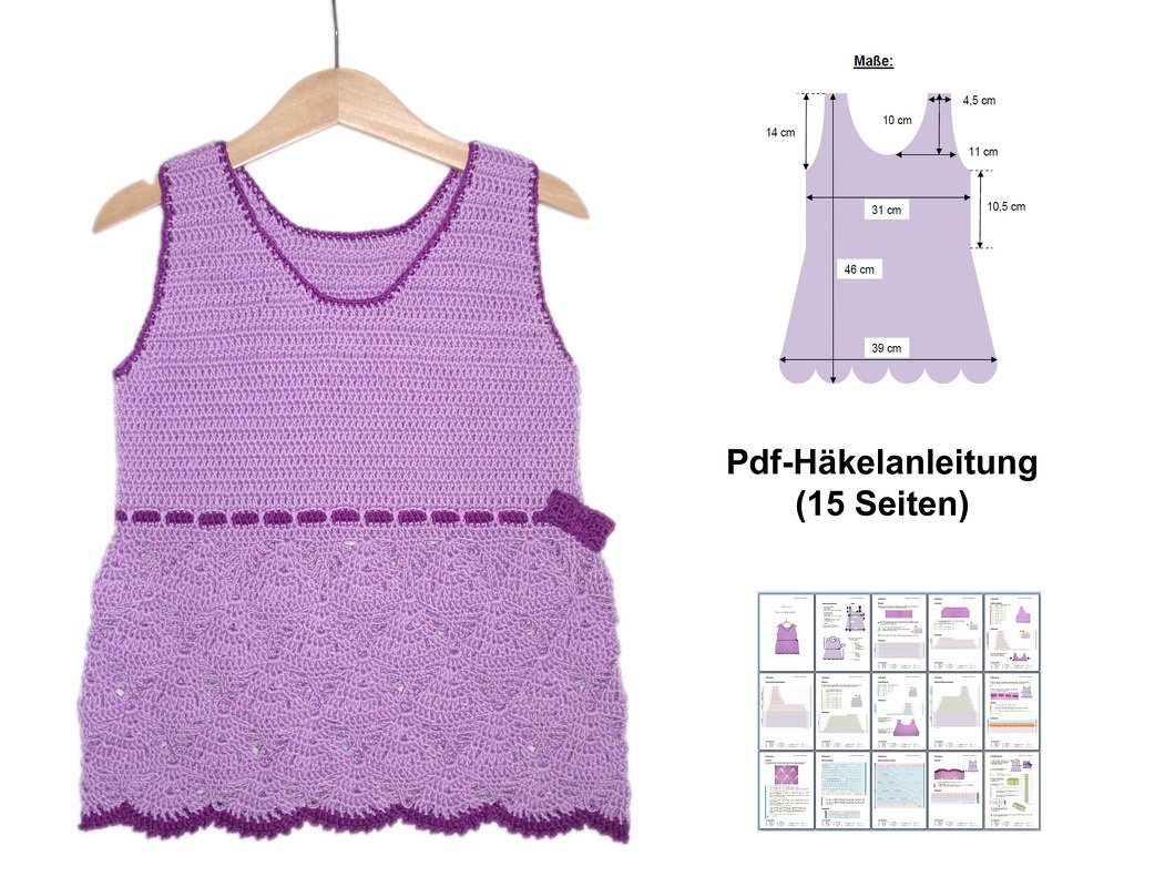 Gehäkeltes lila Mädchenkleid oder Tunika auf einem Bügel; daneben Maßskizze und Vorschaubilder der 15-seitigen PDF-Anleitung.