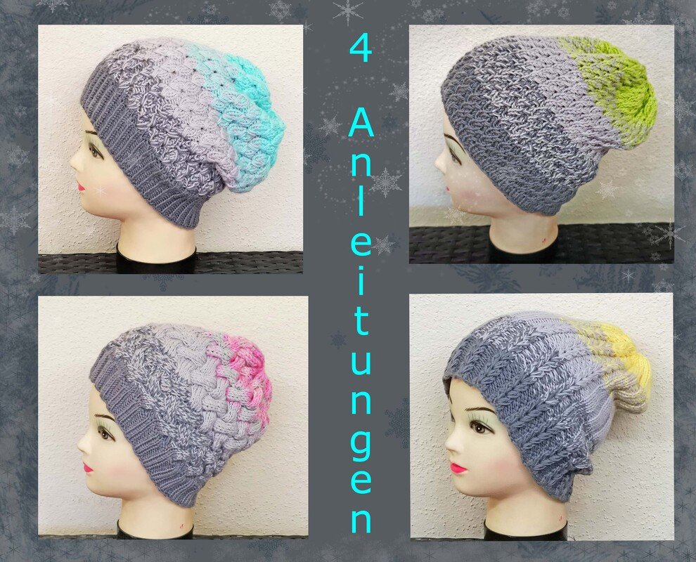 Set mit 4 Strickanleitungen für Mützen mit Farbverlauf, alle Größen