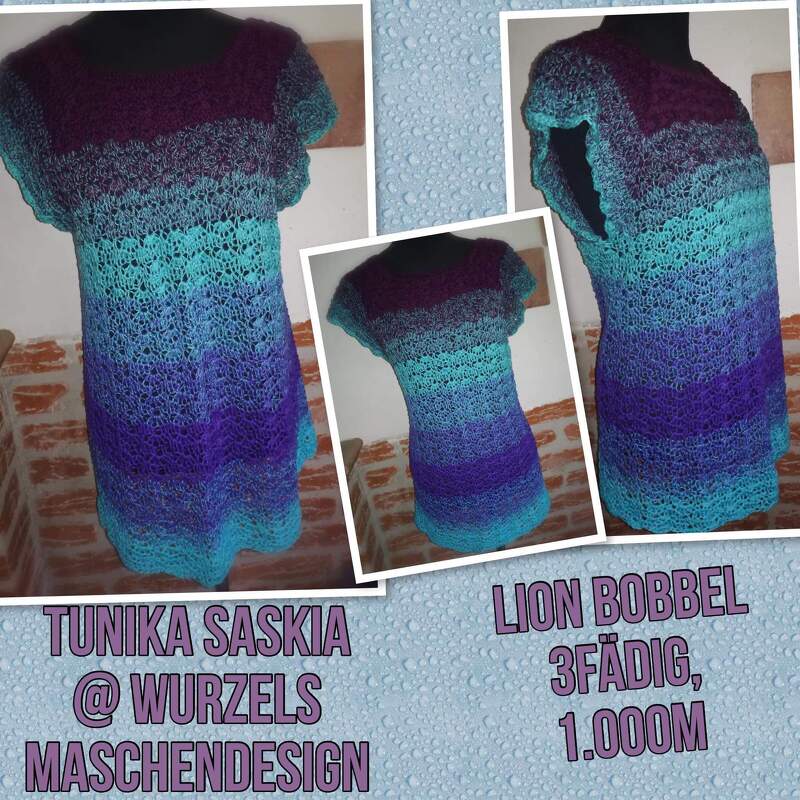 Gehäkelte Damen-Tunika mit Farbverlauf in Lila, Türkis und Blau auf einer Schneiderpuppe, mehrere Ansichten.