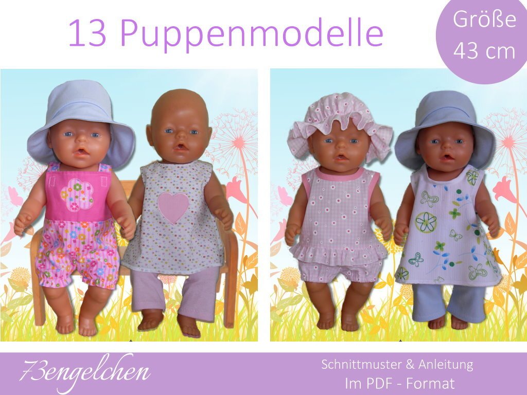 Schnittmuster und Nähanleitung für 13 Puppenmodelle  Gr. 43 cm