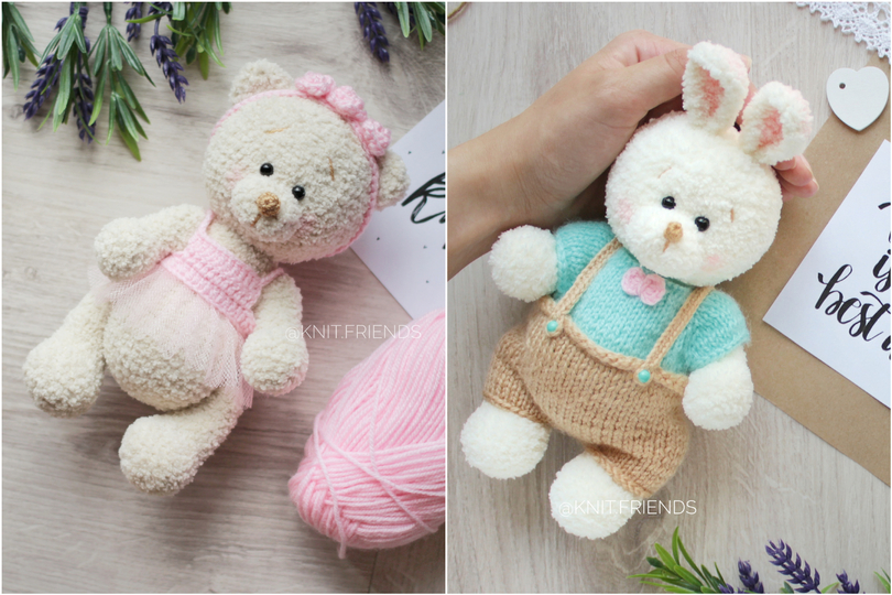 Crochet pattern 2 IN 1: amigurumi bear in a dress and bunny