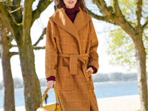 Curryfarbener, langer Mantel  im Glencheckmuster (Nähanleitung)