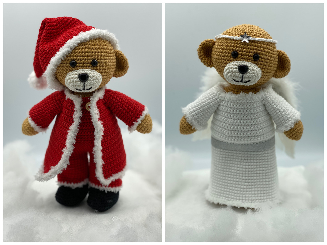 Zwei gehäkelte Amigurumi-Teddybären: links Nikolaus in rotem Mantel und Mütze, rechts Engel in weißem Kleid mit Flügeln