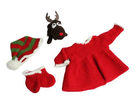 Festkleid „Jule“ für Puppen von 30 bis 48 cm, Rentier zum Kuscheln, Weihnachtsoutfit