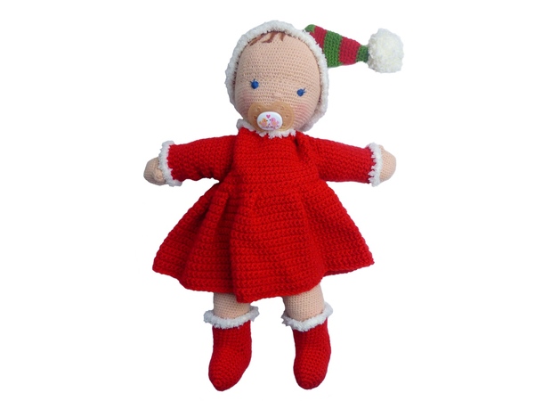 Festkleid „Jule“ für Puppen von 30 bis 48 cm, Rentier zum Kuscheln, Weihnachtsoutfit