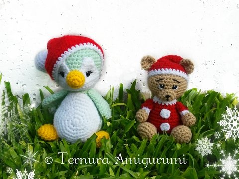 Häkelanleitung Nick,der Weihnachtsbär + Weihnachten Pinguin  PDF ternura amigurumi english- deutsch- dutch