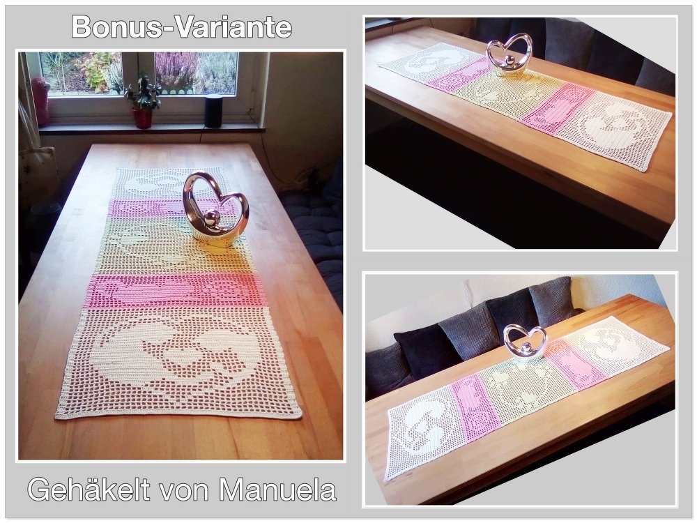 Dreiteiliger filetgehäkelter Tischläufer in Rosa, Gelb und Creme mit Herz- und Rundmotiven auf einem hellen Holztisch.