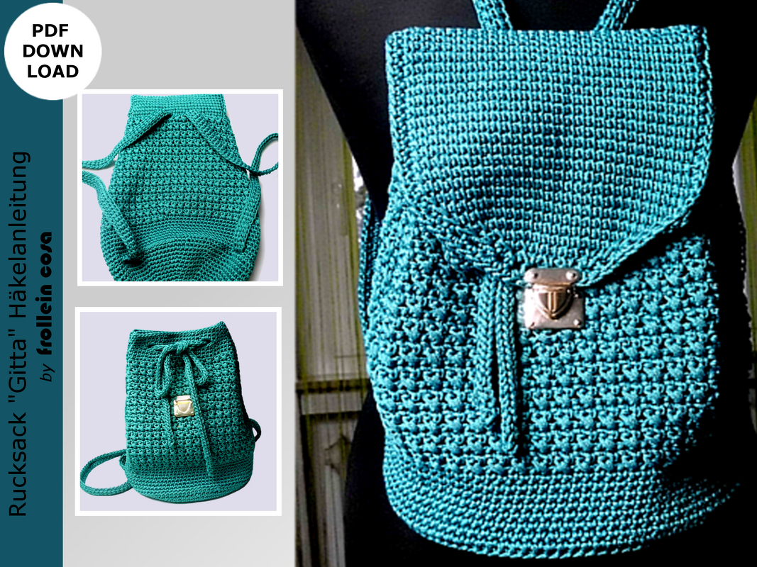 Türkis gehäkelter Rucksack mit Klappe und Metallverschluss auf Schneiderpuppe