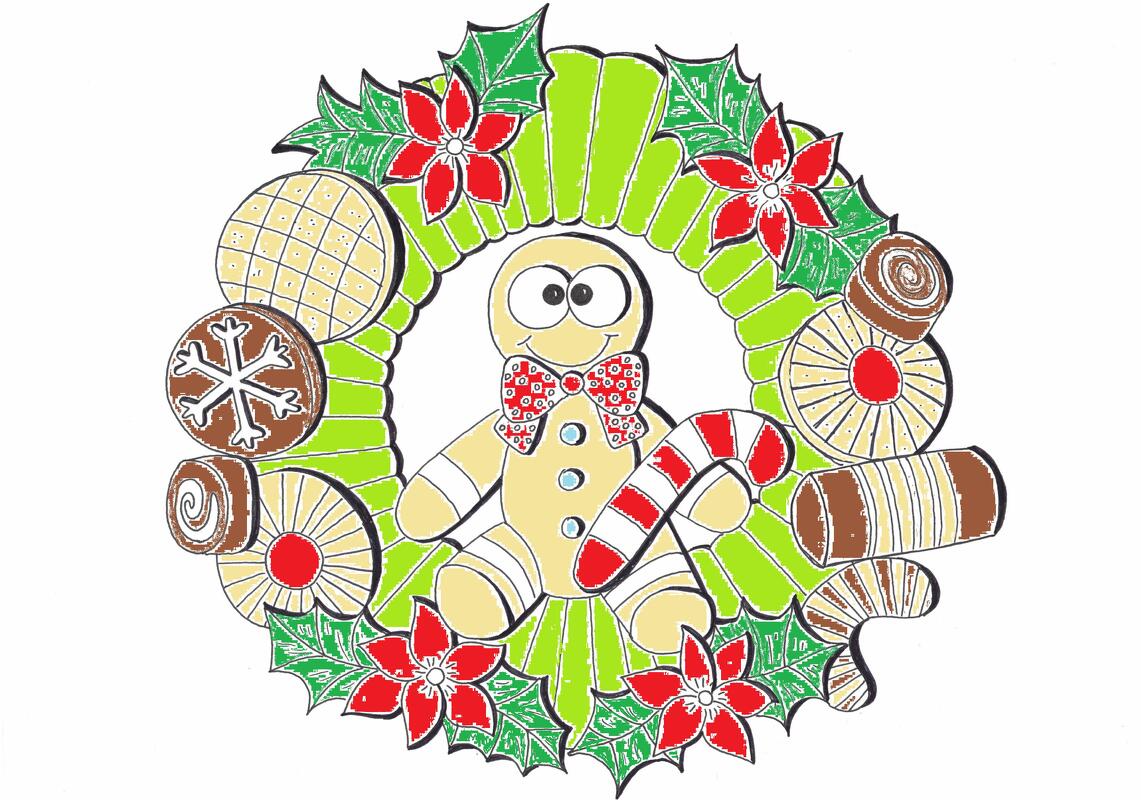 Ausmalvorlage Weihnachtskranz aus Süßigkeiten mit Lebkuchenmann und Zuckerstange