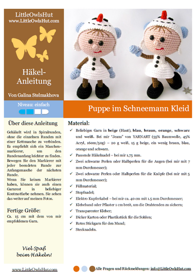 130DE Häkelanleitung Puppe im Schneemann Kleid - Amigurumi PDF Stelmakhova CP
