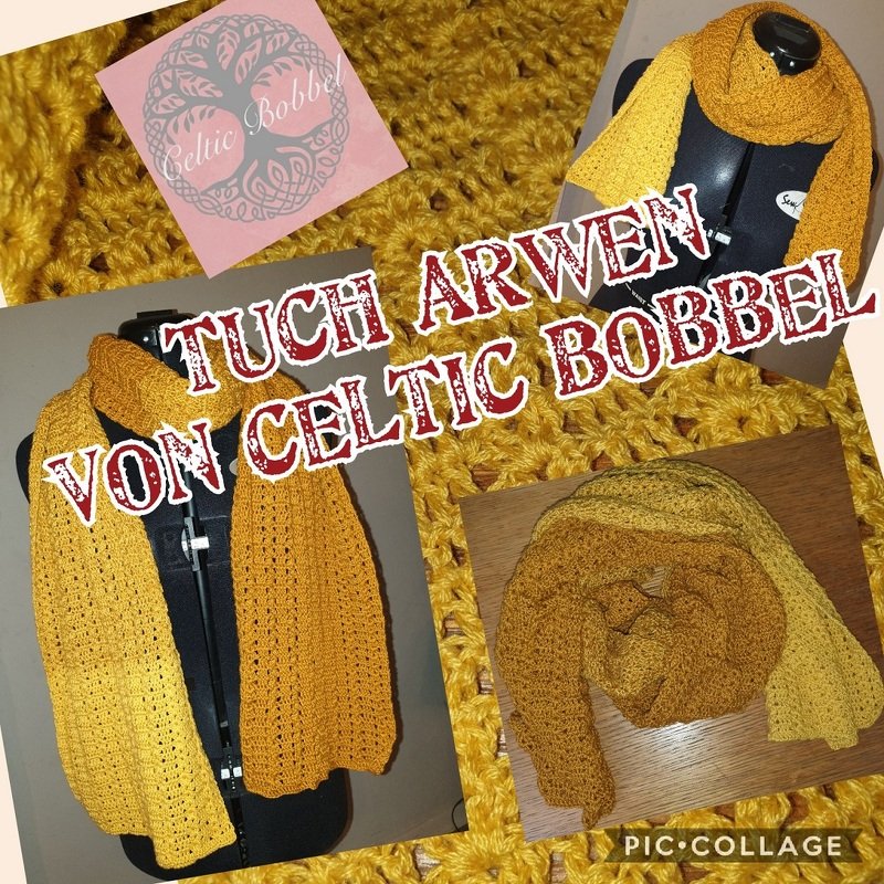 gelb-goldener gehäkelter Schal auf Schneiderpuppe mit Detail des Lochmusters