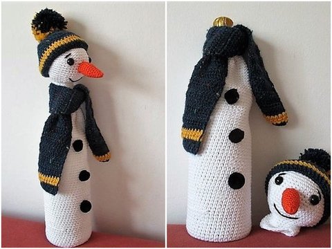 Häkelanleitung Flaschenhülle Schneemann