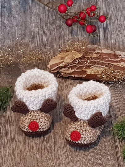Babyschuhe Rentier (0–6 Monate) – Häkelanleitung