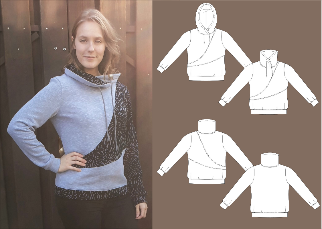 Lara – Damen-Hoodie mit Wellenmuster, Wickelkragen oder Kapuze, BU 80-116