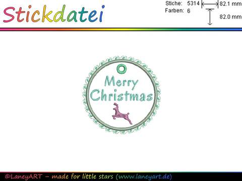 Stickdatei "Weihnachten - Anhänger Merry Christmas - Rentier"