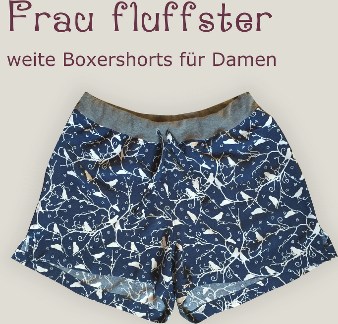 Dunkelblaue Damen-Boxershorts mit weißem Vogel- und Astmuster, grauer Bund und Kordelzug